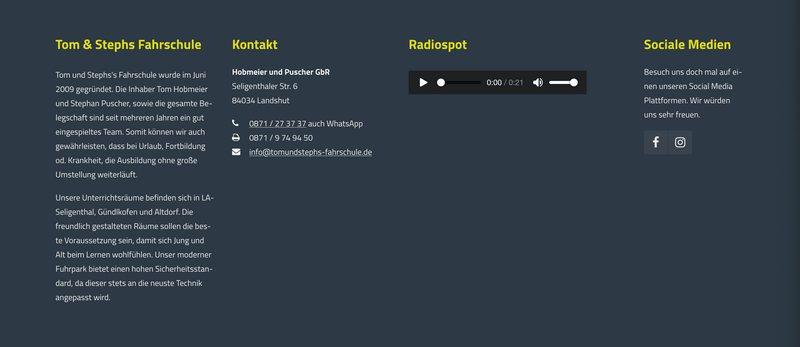 Der Footer Bereich der Website mit wichtigen Informationen